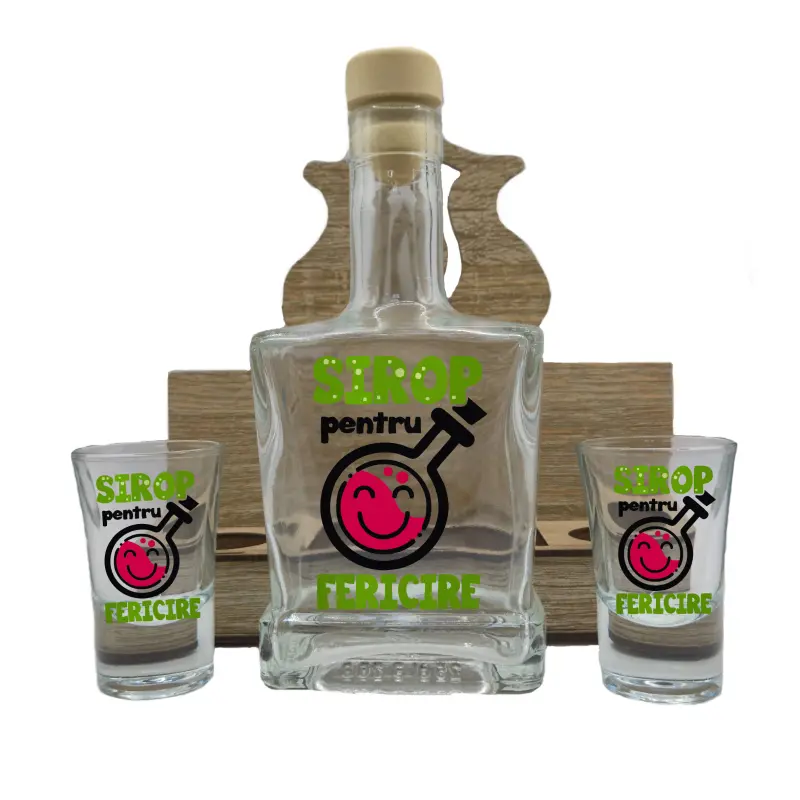 Sirop pentru fericire, suport din lemn cu sticla si 2 pahare, model hgs116